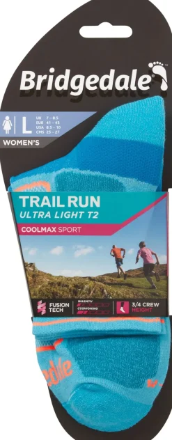 Bridgedale Womens Trail Run Ultralight T2 Coolmax Sport 3/4 Crew Socks - Blue