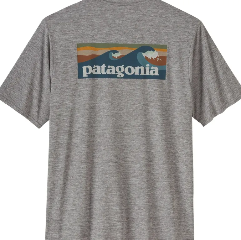 Patagonia Mens Cap Cool Daily Graphic Shirt - Waters - Boardshort Logo Abalone Blue - Feather Grey