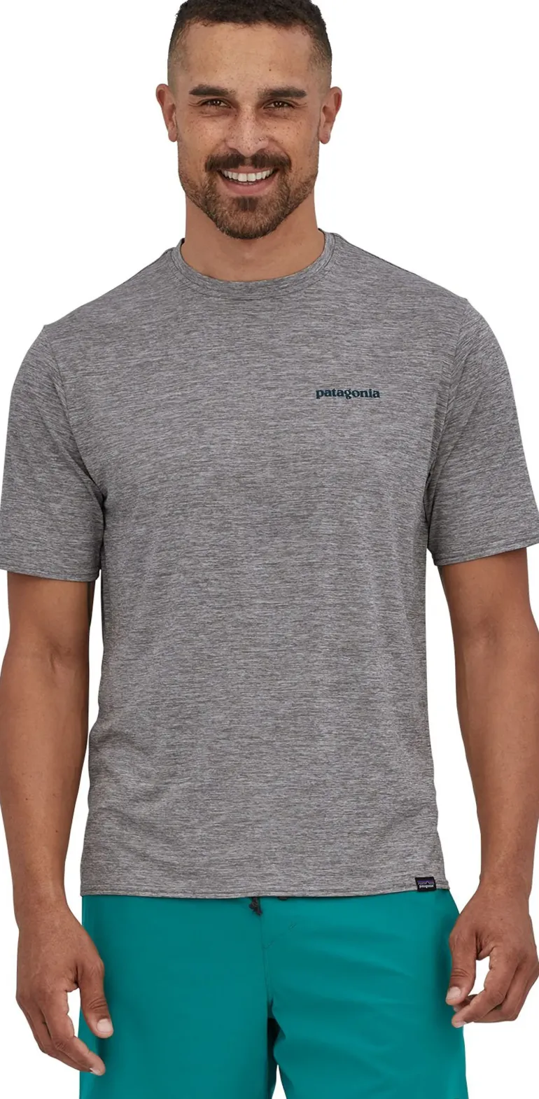 Patagonia Mens Cap Cool Daily Graphic Shirt - Waters - Boardshort Logo Abalone Blue - Feather Grey