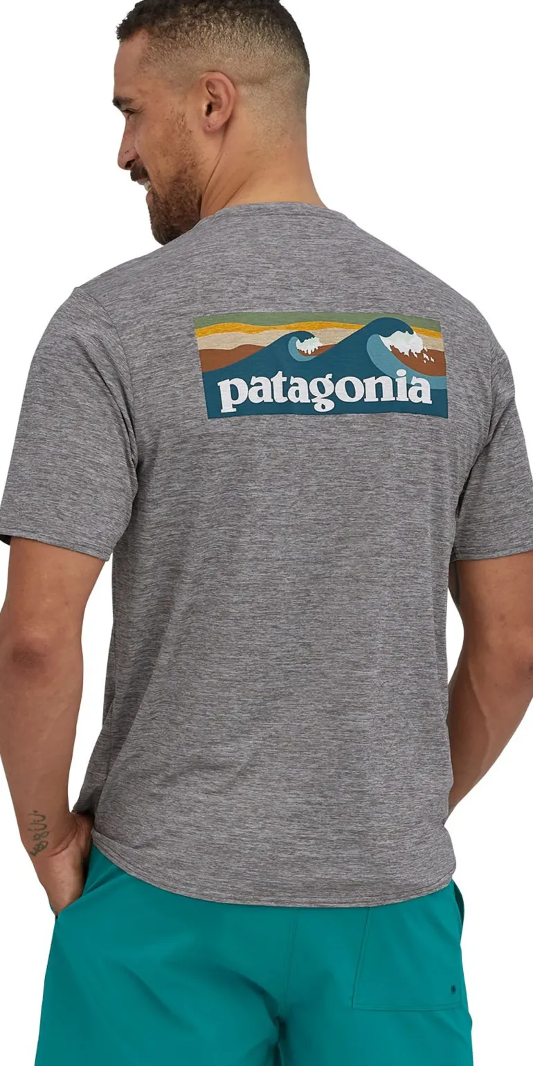 Patagonia Mens Cap Cool Daily Graphic Shirt - Waters - Boardshort Logo Abalone Blue - Feather Grey