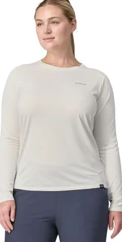 Patagonia Womens Long Sleeved Cap Cool Daily Graphic Shirt - Waters - Boardshort Logo Light Plume Grey-White