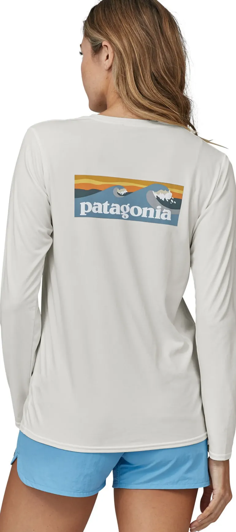 Patagonia Womens Long Sleeved Cap Cool Daily Graphic Shirt - Waters - Boardshort Logo Light Plume Grey-White